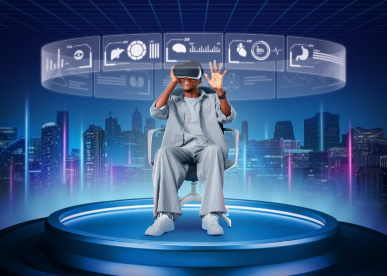 Marketing 6.0: homem vivenciando uma experiência de realidade virtual, usando um headset