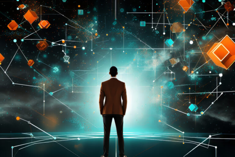 Nexialismo: pessoa em frente a vários fragmentos, simbolizando pensamento sistêmico e ideias.