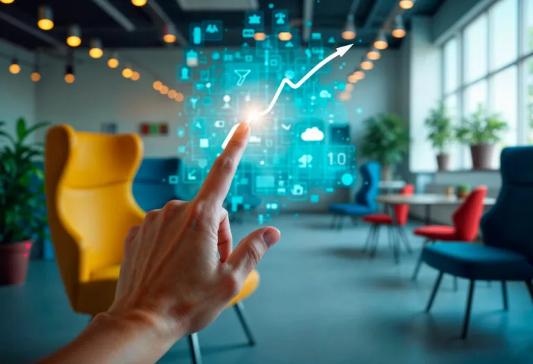 Método Deep Map: ambiente de trabalho ao fundo; dedo apontando para seta em primeiro plano, simbolizando crescimento.